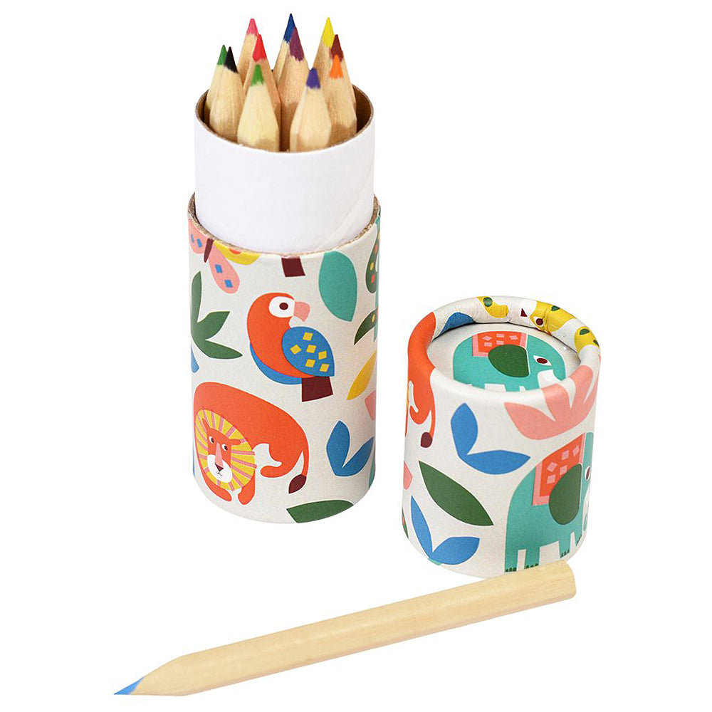 Retro Wild Animals | Tube of 12 Short Coloured Pencils | Mini Gift | Cracker Filler