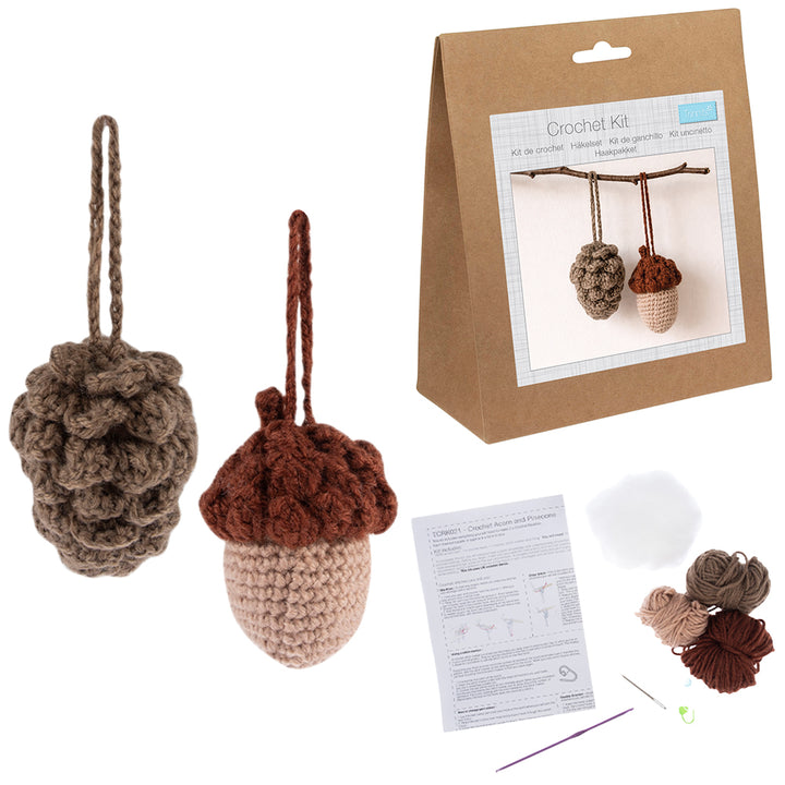 Pinecone &amp; Acorn Ornaments | Complete Crochet Craft Kit | Each 8cm Tall