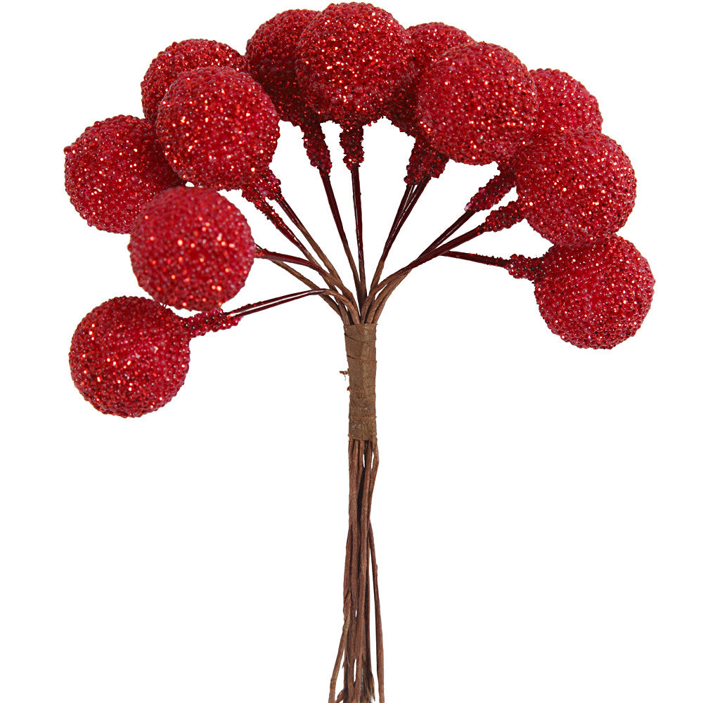 12 Wired Red Glittered Berries for Christmas Wreaths & Floristry