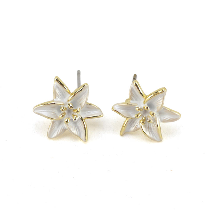 White Lily Flower | Gold Plated Stud Earrings | Little Gift | Cracker Filler