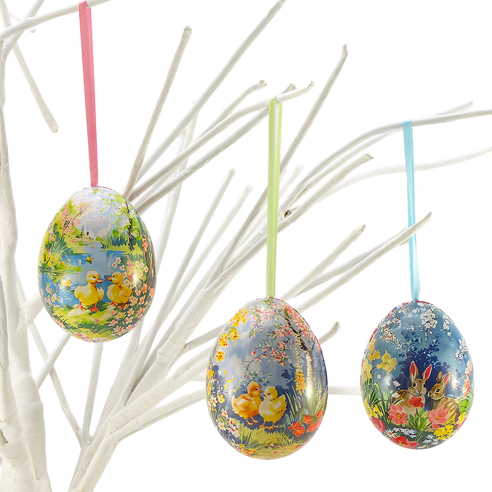 Vintage Style Two Part Hanging Tin Eggs | Fillable Easter Tree Decorations | 7cm