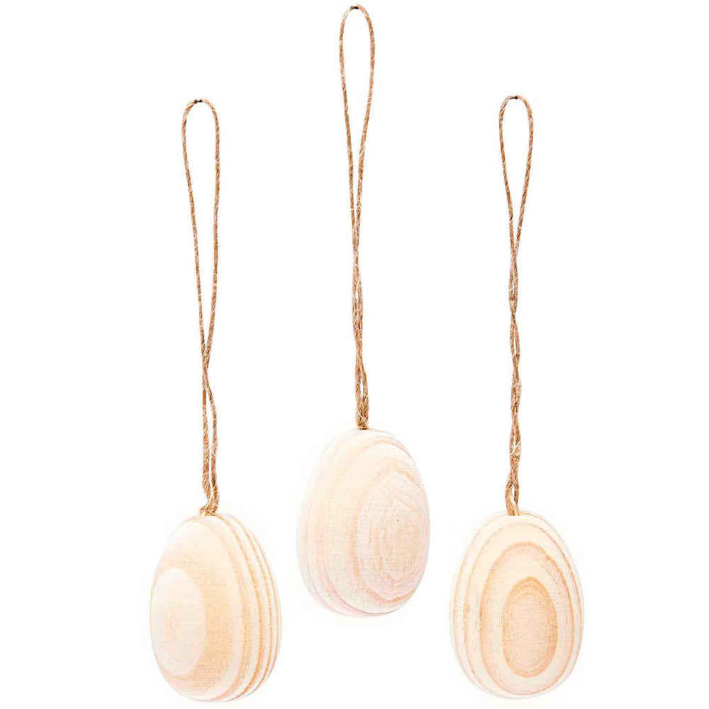 3 Natural Untreated Wooden Hanging Eggs with Cords - 4.3cm Tall