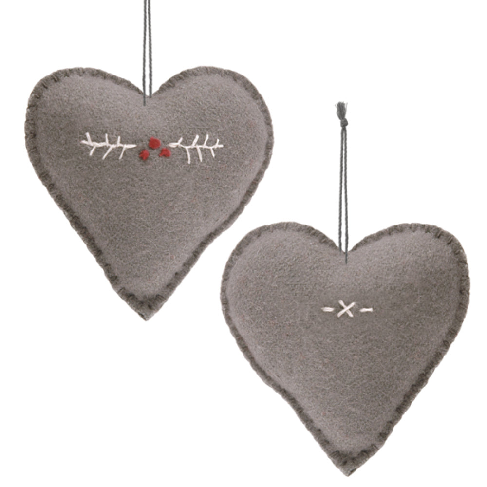 Grey Felt Hanging Heart Decoration - Medium 7cm