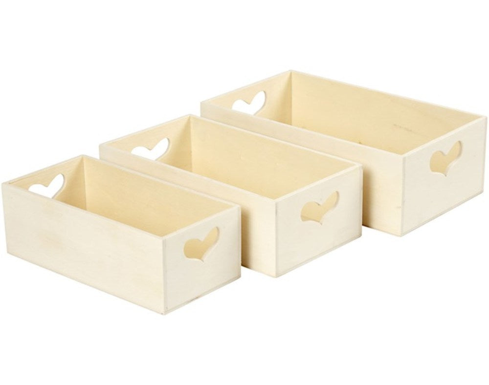 3 Wooden Small Crates with Heart Cut-Out Handles