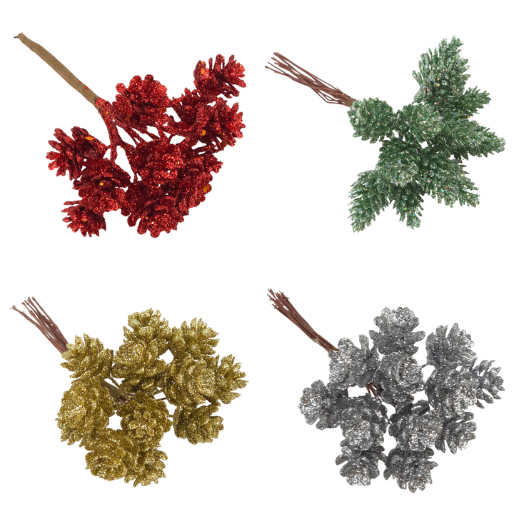 12 Glitter Fircone Picks | Small | Wreath Making &amp; Floristry