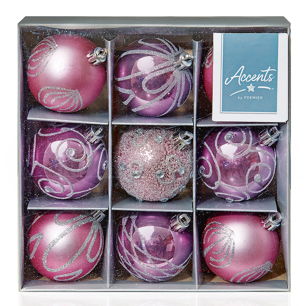 60mm Pink Christmas Baubles | 9 Assorted | Shatterproof Tree Decorations