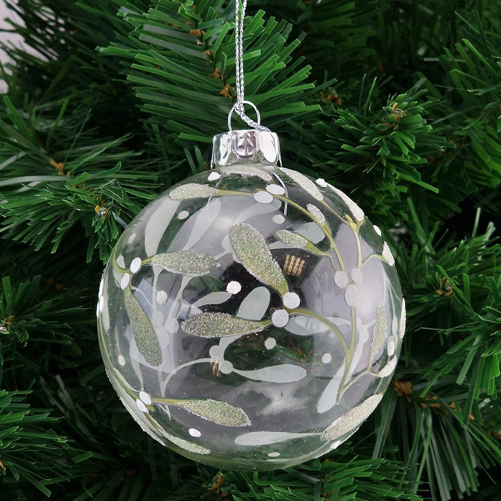 Lovely Mistletoe | Glass Glittered Christmas Tree Bauble | 8cm | Gisela Graham