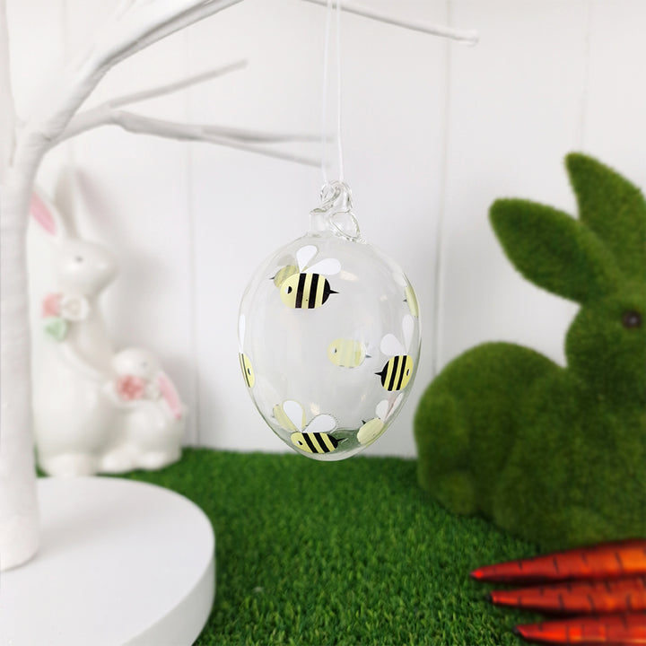 Gorgeous Large Bee Print Glass Egg | Hanging Easter Decoration | 9cm Tall