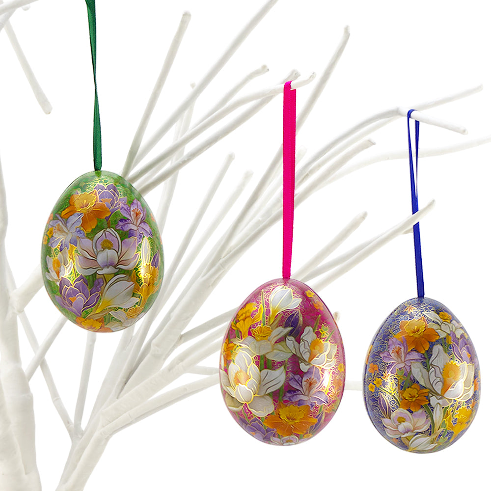 Cloisonne Spring Flowers | Two Part Hanging Easter Egg | Fillable Tin | 7cm Tall