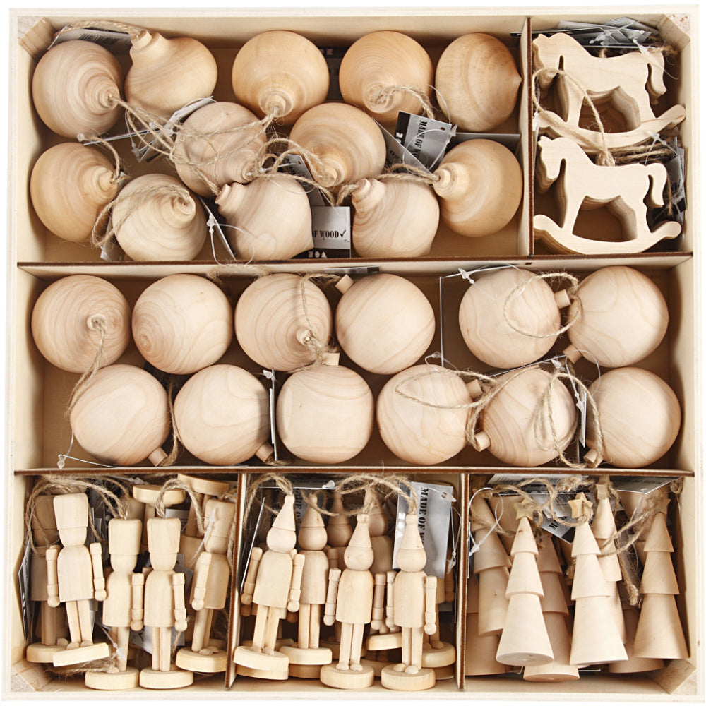 Selection of 72 Wooden Tree Decorations for Decorating