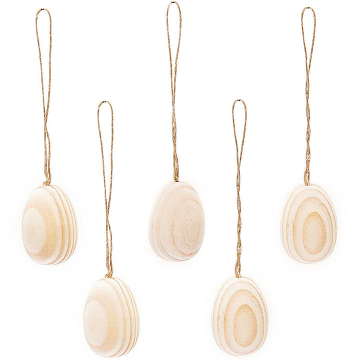 5 Natural Untreated Wooden Hanging Eggs with Cords - 3cm Tall