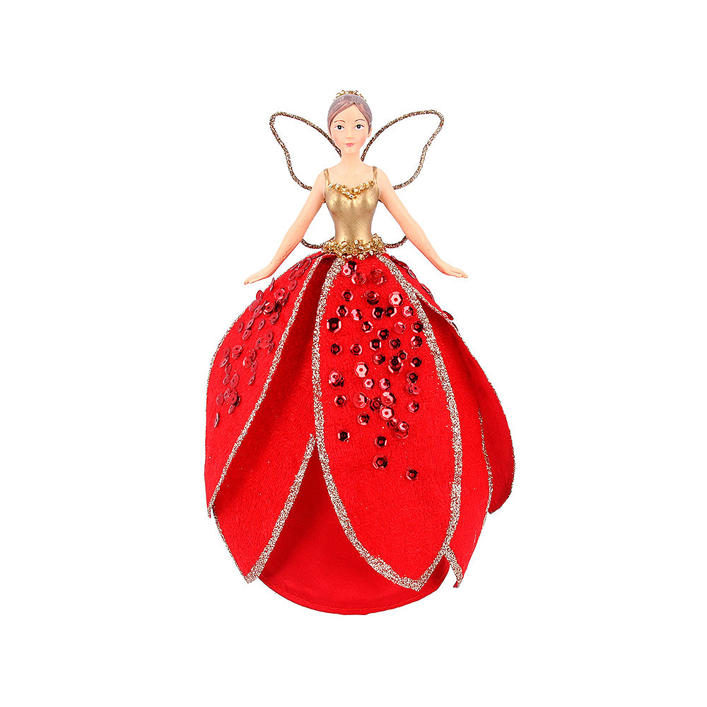 Red & Gold Flower Fairy | Gisela Graham Christmas Tree Topper | 20cm Tall