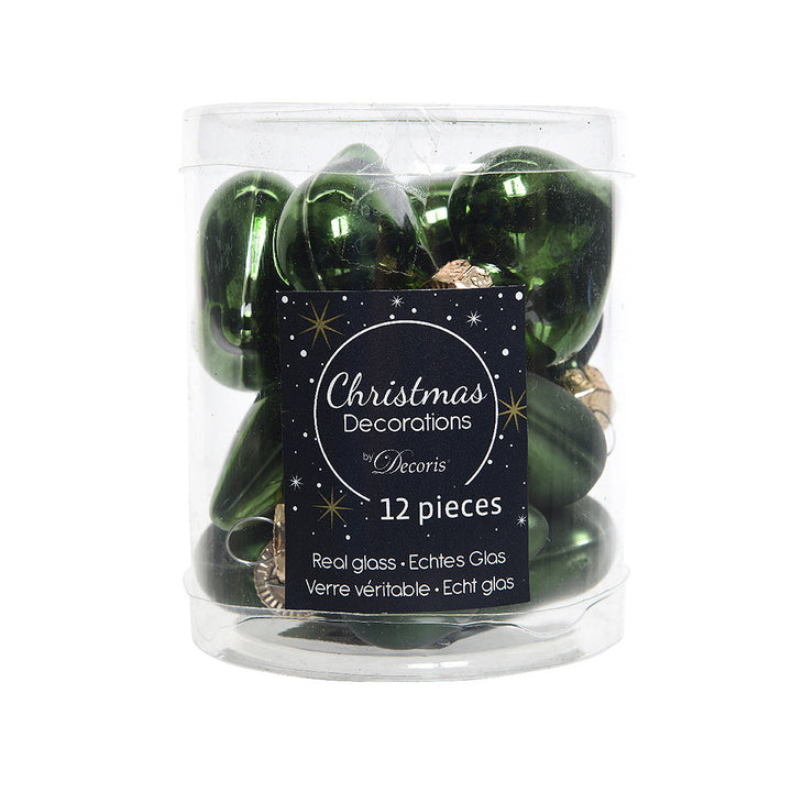 4cm 12 Glass Pine Green Heart Shaped Baubles | Christmas Tree Decorations