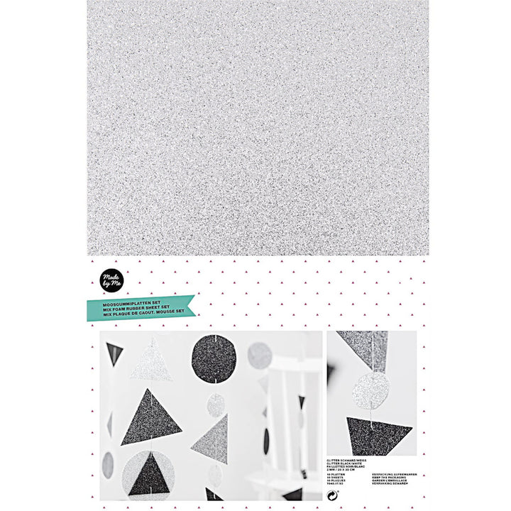 10 Assorted Sheets of A4 Black, White & Silver Glitter Craft Foam - 2mm Thick