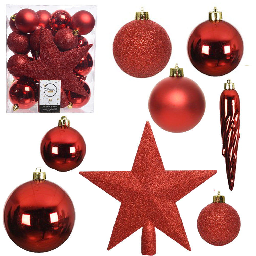 33 Piece Shatterproof Baubles | Red Shiny & Glitter | Assorted Selection