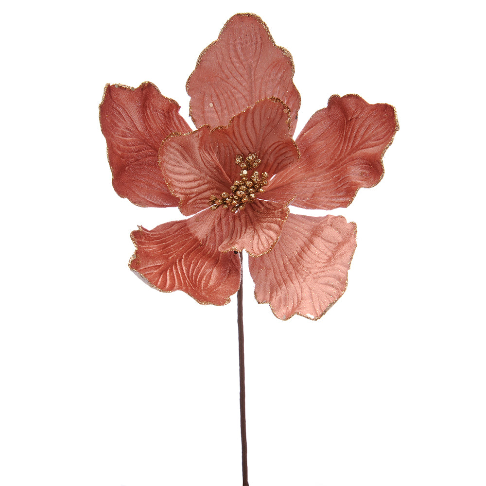 Dusky Pink & Gold Glitter | Velour Magnolia Stem | Floristry & Tree Decoration | 24cm Tall