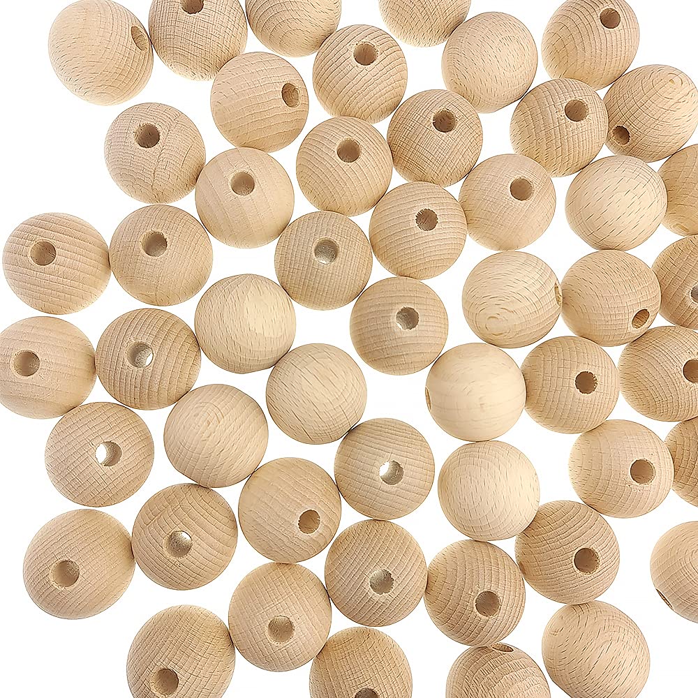 50 Untreated 30mm Wooden Bead Balls with Threading Holes for Crafts