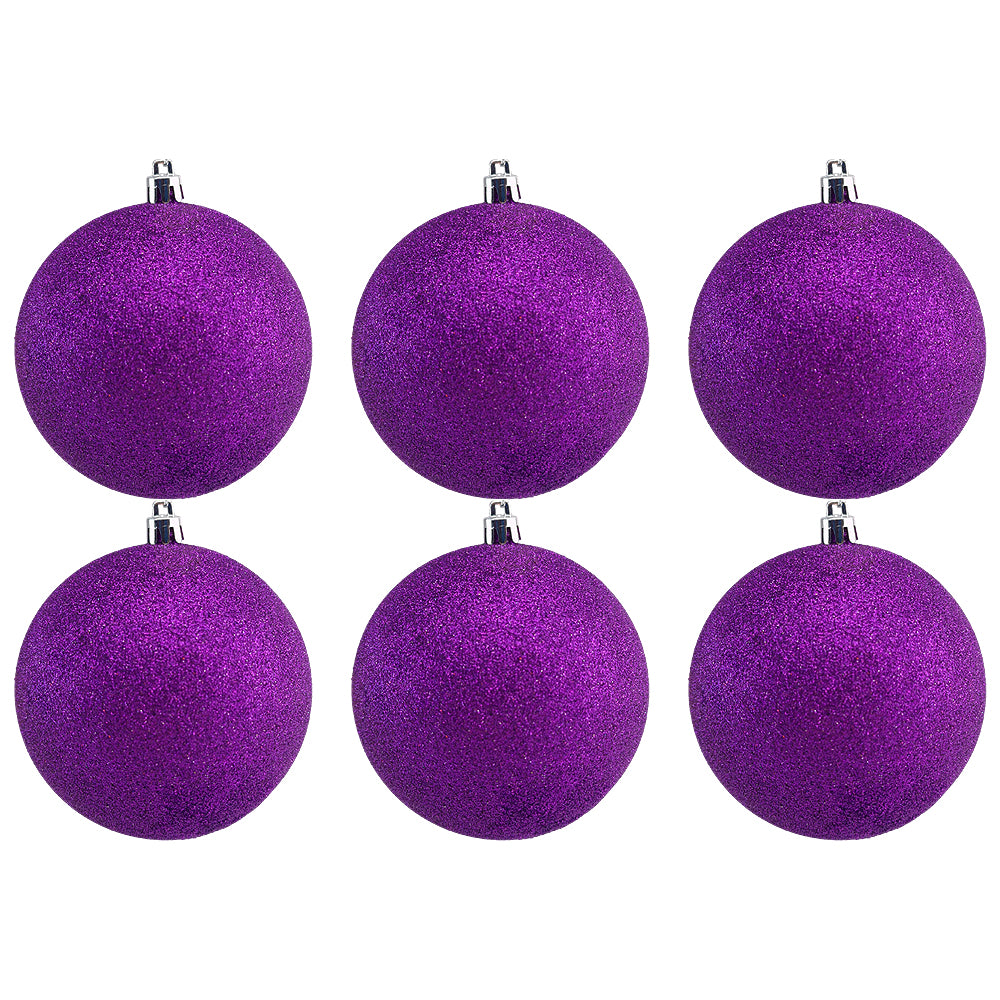6Pk 10cm Purple Glitter Christmas Tree Baubles | Shatterproof Decorations