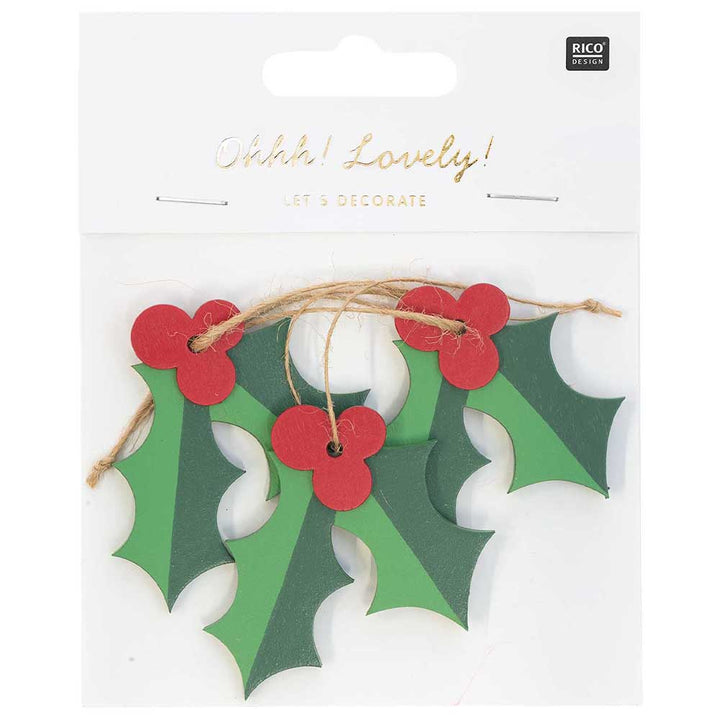 Holly &amp; Berries | 3 Hanging Wooden Christmas Ornaments | 5.5cm Wide